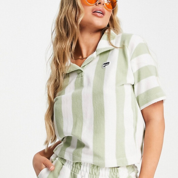 Puma Downtown Towelling Green Stripe Polo Shirt - Picture 1 of 9